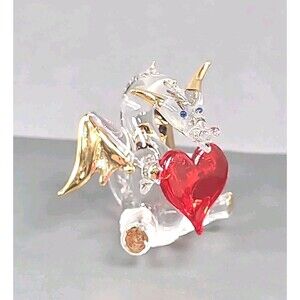 Vintage Hand Blown Glass Crystal Dragon Figurine 22K Gold Overlay W/ Heart